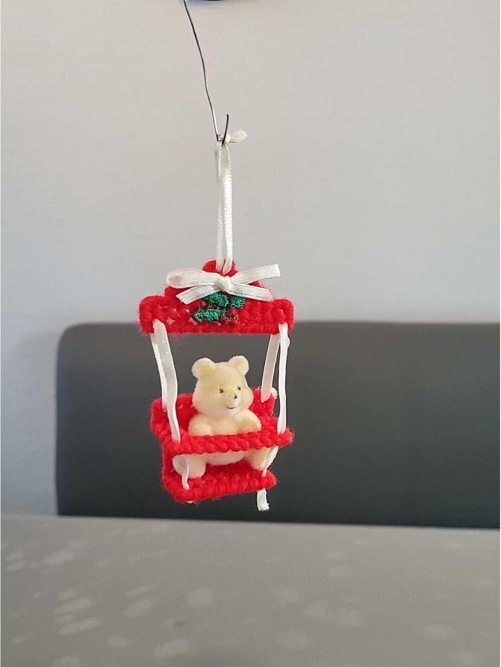 Vtg Mini Flocked Teddy Bear with Ornate Red Baby Swing Box Handmade 3